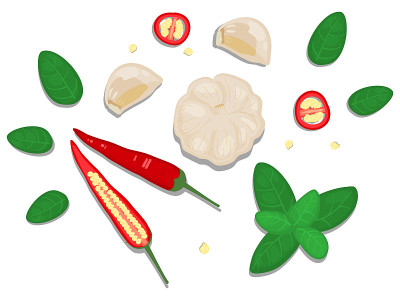健康饮食和新鲜饮食成分概念插图装饰平铺顶视图孤立在白色背景。红辣椒，大蒜，切，片，罗勒叶