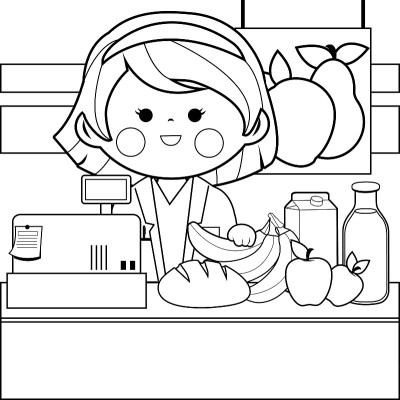 杂货店柜台员工。黑白涂色书页