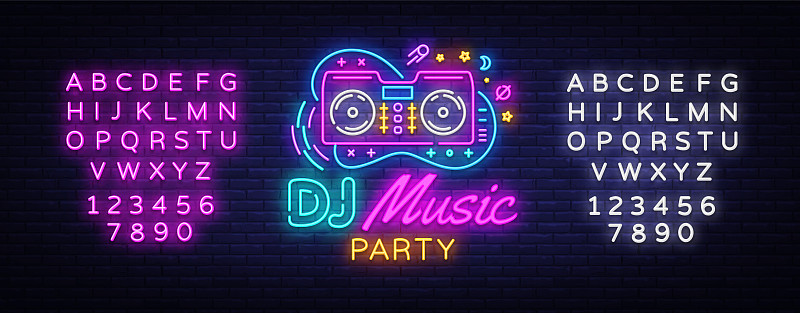 DJ音乐霓虹符号向量。夜派对设计模板霓虹招牌，Dj声音广告灯横幅，霓虹灯招牌，夜间亮广告，灯光题字。