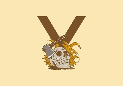 骷髅头和斧头插图与Y首字母设计