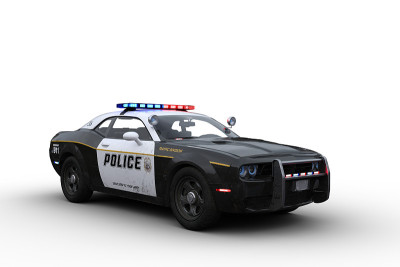 3D渲染的黑白美国警车孤立在白色。