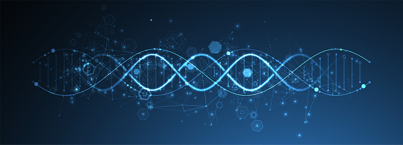 发光的氖DNA链。生物技术、生物化学、科学、医学概念。