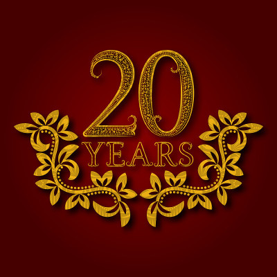 20周年庆典图案徽章。20周年复古金色光影象征。