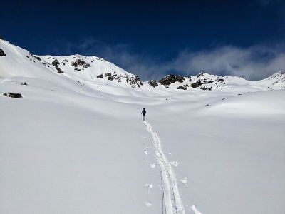 斯基莫人在达沃斯的山上登山。瑞士山区阳光明媚的户外一天。冬季运动的斜率