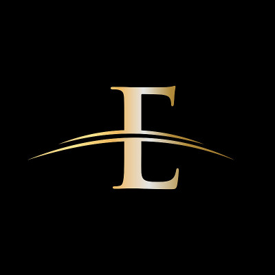 E标志设计豪华模板。公司名称的首字母为E，图案为金色。现代E标志设计为企业和企业形象