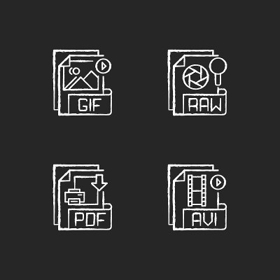 File types chalk white icons set on black backgrou