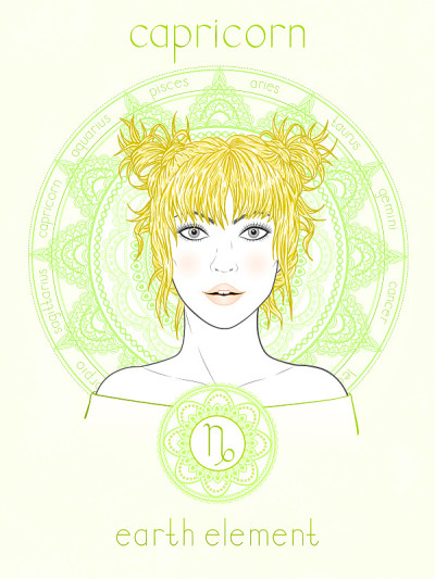 矢量插画摩羯座星座，描绘美丽的女孩。