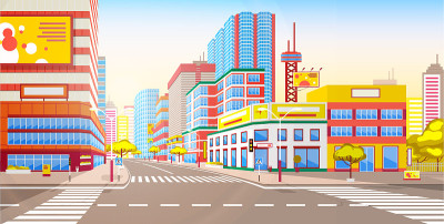 城市景观与现代道路，城市小镇3d风格