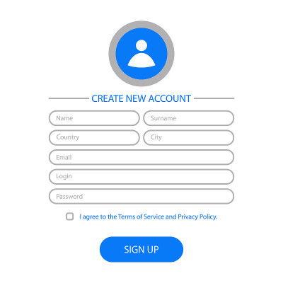 创建新的帐户-网页表单设计。网站用户界面为注册页面。模板的UI, GUI和UX。向量