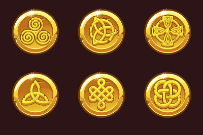 Coins with celtic symbols. Cartoon set celtic icon