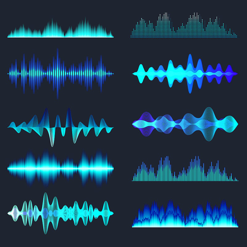 蓝色的彩色声波集合。模拟和数字音频信号。音乐均衡器。干扰录音。高频无线电波。矢量图