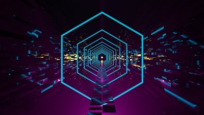 未来的隧道，霓虹闪烁的六边形。Synthwave审美。数字3 d渲染。