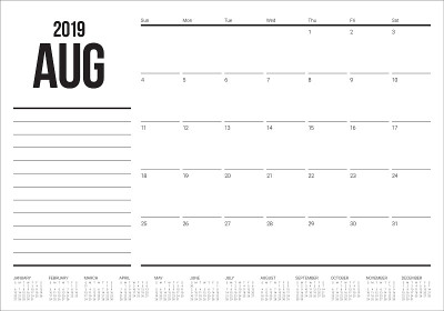 2019年8月台历矢量插图