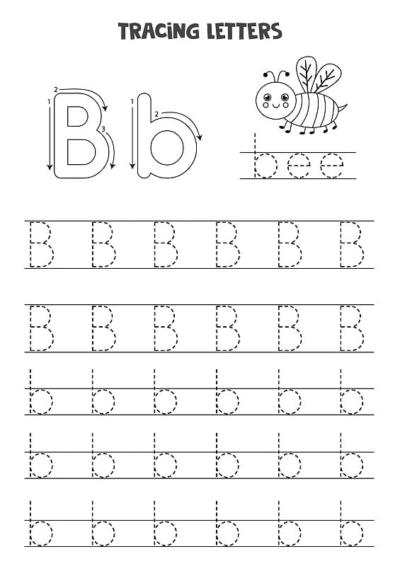 追踪英文字母。黑白工作表。