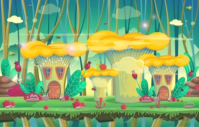 游戏和移动应用的背景。有蘑菇屋的森林。矢量插图。
