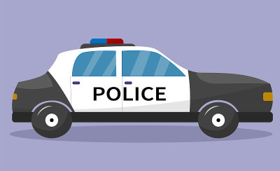 警车，侧视图。交通警察巡逻。矢量插图，平面卡通风格。矢量图