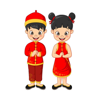 卡通的中国孩子被孤立在白色背景下