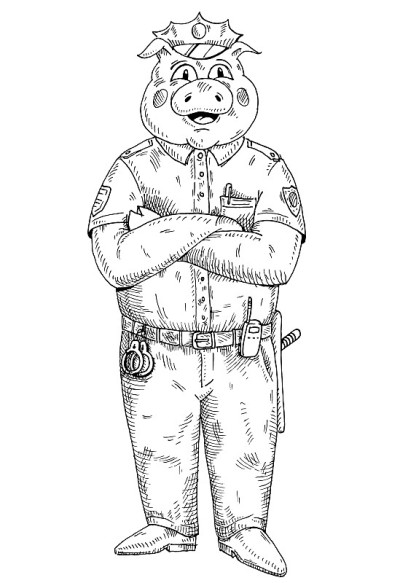 交叉爪子的猪穿着警服。老式黑白孵化