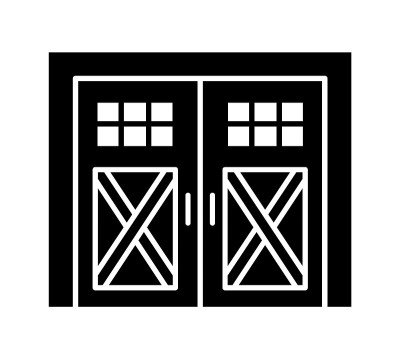 侧铰链老式车库门。黑白矢量插图。乡村风格的封闭仓库或谷仓门的平面图标。外观设计元素符号。孤立的对象