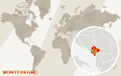 放大黑山地图和旗帜。世界地图。