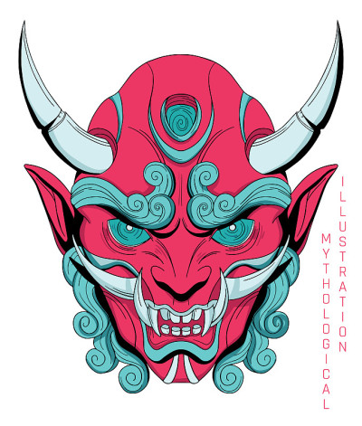 红色和绿色插图面具卡通风格与黑色边线