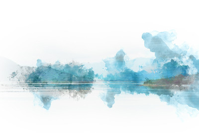 在水彩插画背景上以山峰和树木景观为抽象的色彩形态。