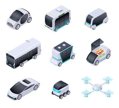 无人驾驶汽车。未来的智能汽车。无人城市交通、自动卡车和无人机。等距矢量孤立图标