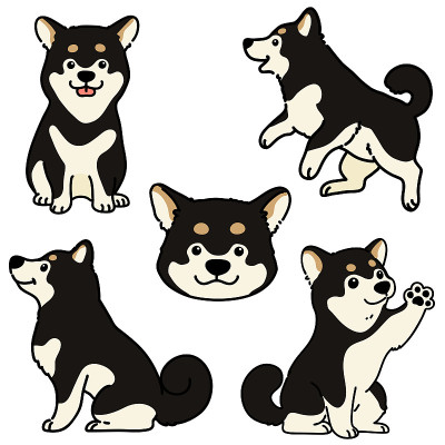 一套轮廓可爱的黑色柴犬插图