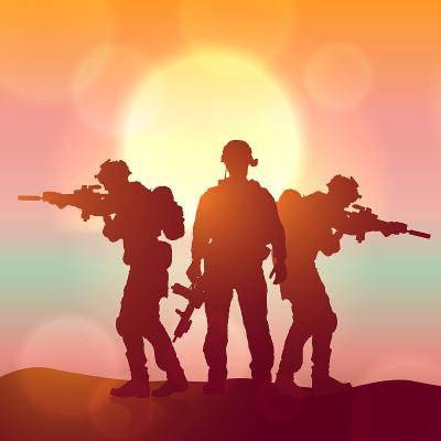 日出前士兵的剪影。观念——保护、爱国、荣誉。