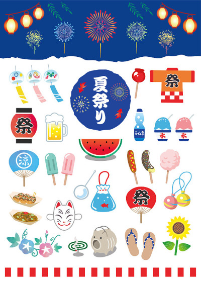 日本夏季节日向量图标插图。