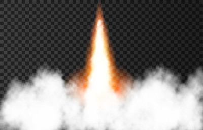 太空火箭发射时产生的火焰和烟雾。