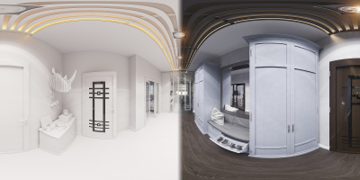 经典风格的3d插画大厅室内设计。渲染制作，无缝360度球面全景