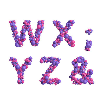3d字母，由彩色球体组成的字母，白色背景上的3d渲染，W X Y Z &