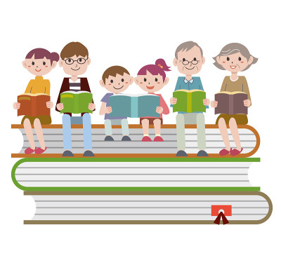 A family set that sits on a pile of books and read