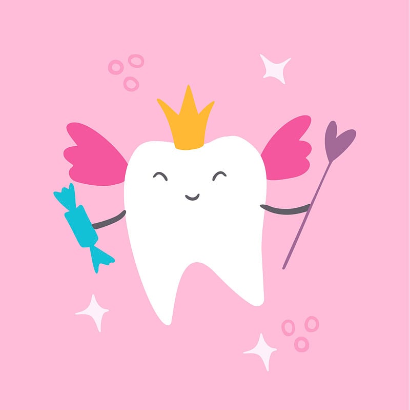 Cute magic tooth with wings and a crown. In one ha