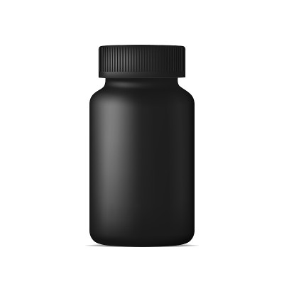 现实的矢量药丸瓶。装药的黑色塑料药盒。运动、健康和营养补充。模型模板。