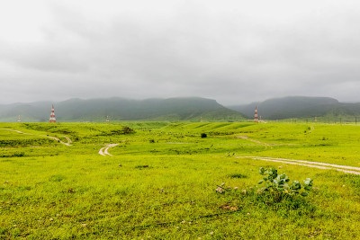 郁郁葱葱的绿色山景与雾在萨拉赫，阿曼