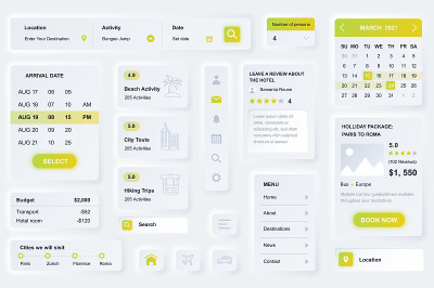 旅行社移动应用的用户界面元素。独特的neumorphic设计UI, UX, GUI, KIT元素模板