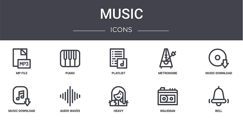 音乐概念线图标集。包含图标，可用于web，标志，ui/ux，如钢琴，节拍器，音乐下载，重型，walk
