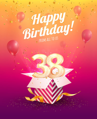 庆祝38岁生日矢量插图。38周年庆典。成人出生一天。打开数字3和8在气球上飞行的礼盒