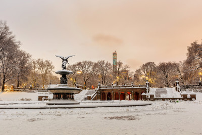 暴风雪过后，纽约中央公园的贝塞斯达喷泉