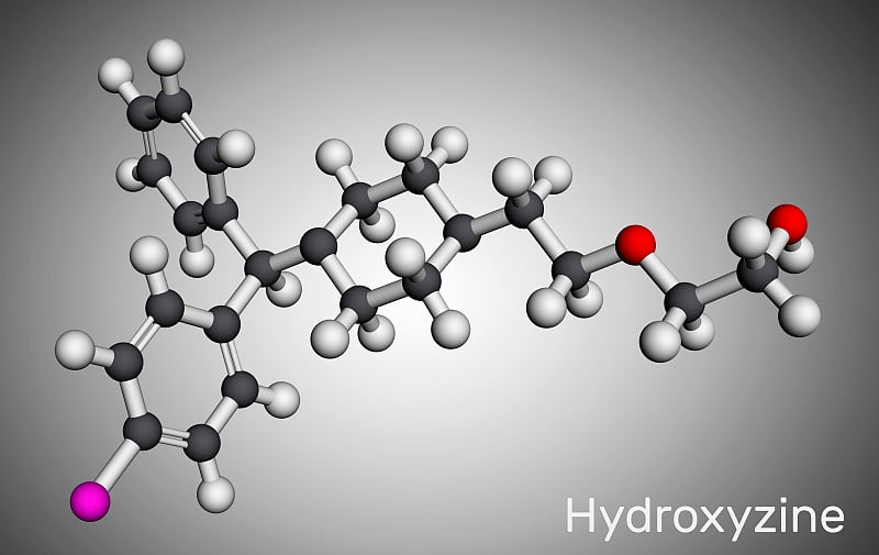 羟嗪分子。它是抗组胺药，用于治疗焦虑和紧张，以及瘙痒症和慢性荨麻疹。分子模型。三维渲染