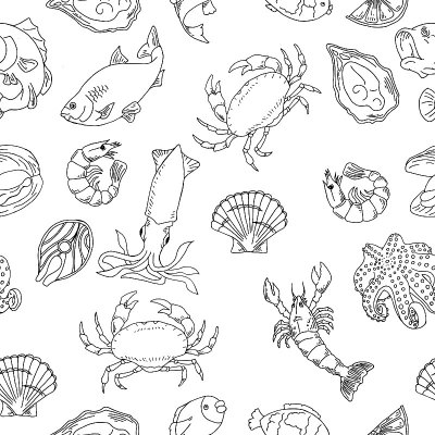 Seafood hand drawn seamless pattern. Design elemen