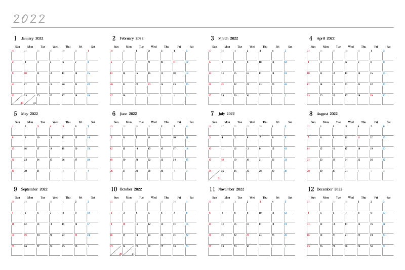 2022年12个月的日本日历。