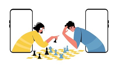 国际象棋比赛。时髦的平坦的插图。人下棋。棋子。
