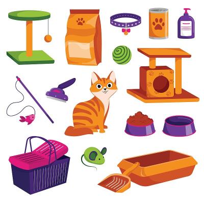 宠物商店图标集。猫货矢量卡通插图。动物食品、玩具、护理用品和其他东西