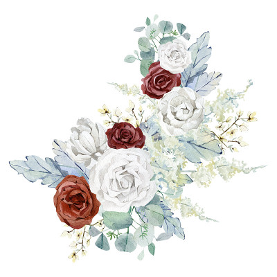 水彩冬季花束。勃艮第玫瑰，白花，潘帕斯草，桉树枝，树叶和细枝。冷冻植物插图贺卡，婚礼卡，宝宝送礼会