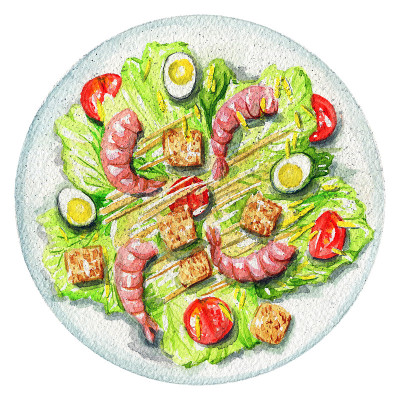 水彩凯撒沙拉与鸡蛋，虾，饼干和西红柿