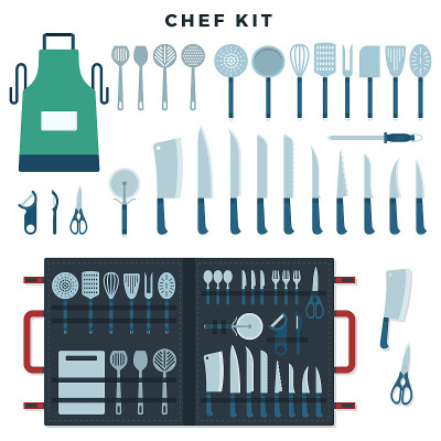 Chef kitchen tools set. Collection of tools for co