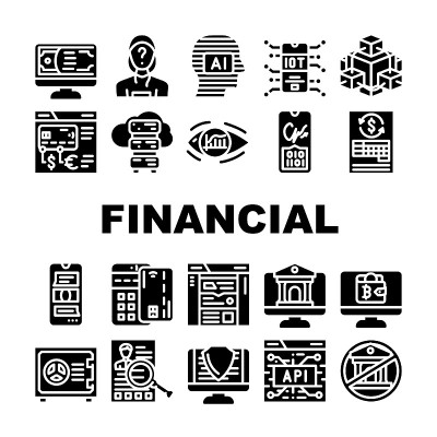 金融技术和软件图标设置向量
